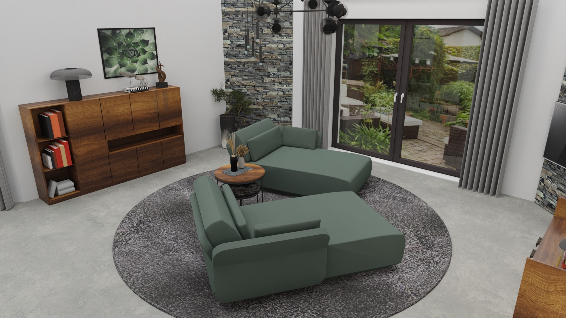 Wohnzimmer-Visualisierung mit Sofalandschaft